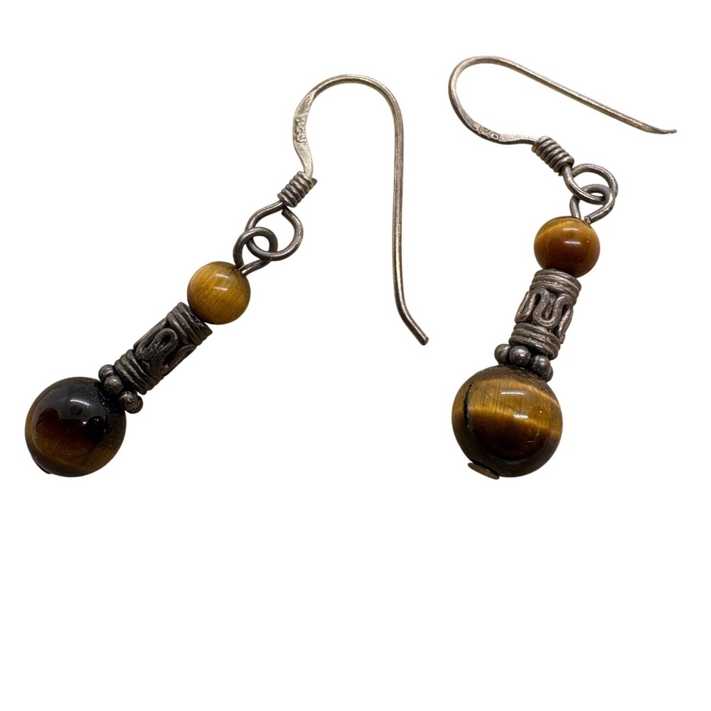 Vintage Sterling Silver 925 Tigers Eye Dangle Drop Earrings Bali Style Boho